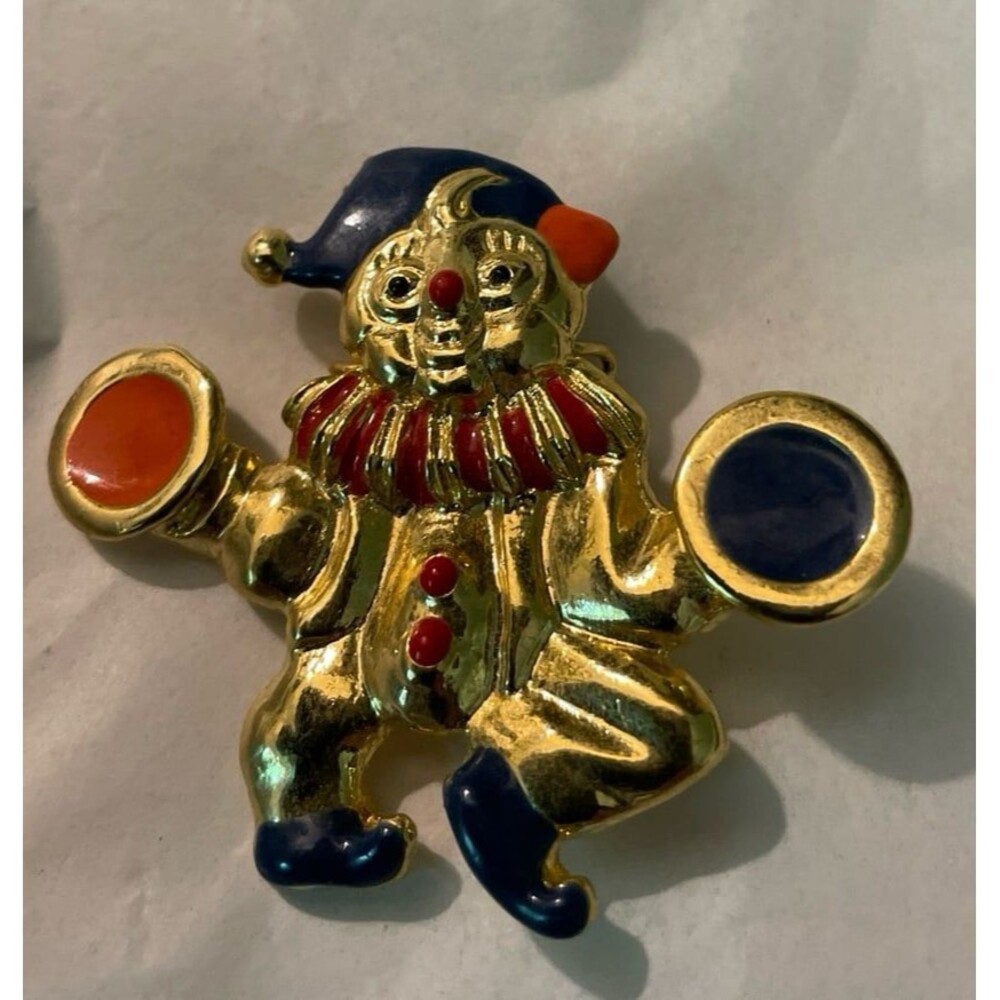 Vintage Clown Brooch Gold Tone Enamel Jester Pin Red Blue Circus